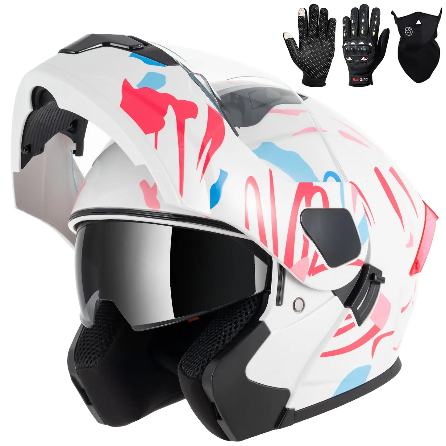 Adult Modular Motorcycle Helmets, DOT Approved Flip up Dual Visor Full Face Helmet for Men Women Moto ATV UTV Snowmobile ADV Four Wheeler Street Bike with Gloves & Mask
