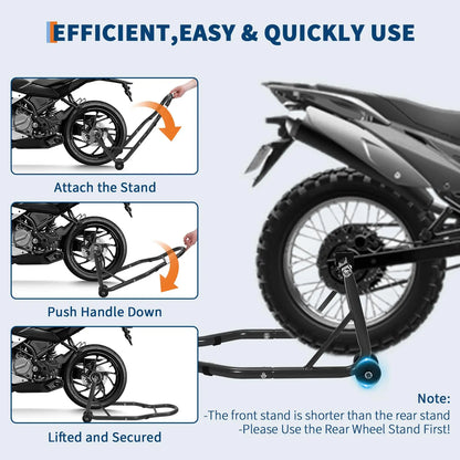 Professional Motorcycle Lift Stand Set for Front and Rear Wheels with Adjustable U and L Swingarm Spool - 900 lb Capacity - Black
