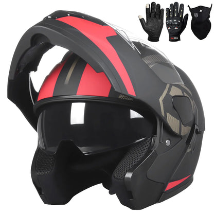 Adult Modular Motorcycle Helmets, DOT Approved Flip up Dual Visor Full Face Helmet for Men Women Moto ATV UTV Snowmobile ADV Four Wheeler Street Bike with Gloves & Mask