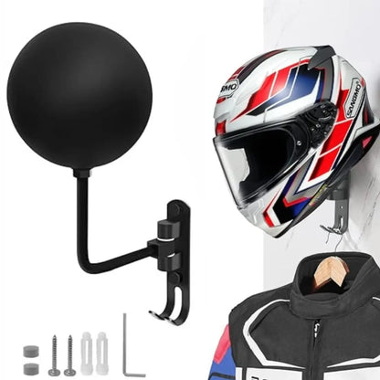 Motorcycle Helmet Wall Mount Rack with 180° Rotation and Dual Hooks for Coats, Caps, and Accessories
