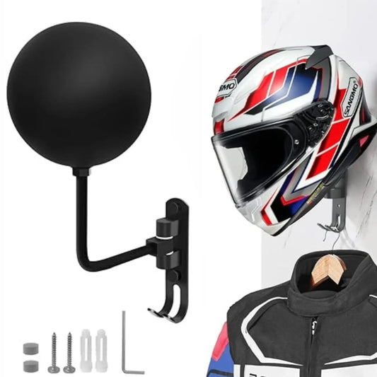Motorcycle Helmet Wall Mount Rack with 180° Rotation and Dual Hooks for Coats, Caps, and Accessories