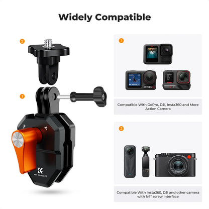 K&F Concept Motorcycle Windshield Clip Mount for GoPro Hero Series and DJI Osmo Action, Aluminum Alloy Camera Clamp with 1/4" Adapter, Action Camera Accessories