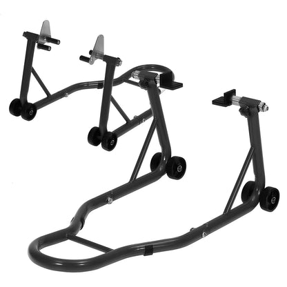 Professional Motorcycle Lift Stand Set for Front and Rear Wheels with Adjustable U and L Swingarm Spool - 900 lb Capacity - Black