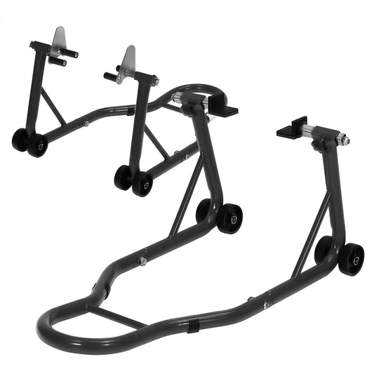 Professional Motorcycle Lift Stand Set for Front and Rear Wheels with Adjustable U and L Swingarm Spool - 900 lb Capacity - Black