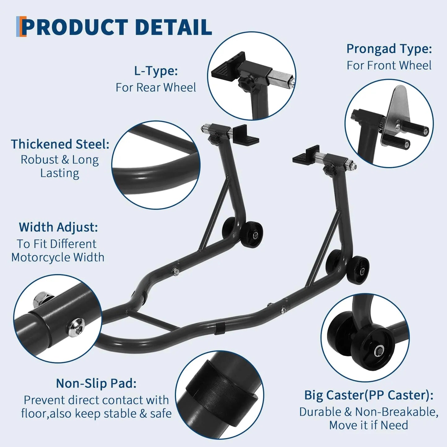 Professional Motorcycle Lift Stand Set for Front and Rear Wheels with Adjustable U and L Swingarm Spool - 900 lb Capacity - Black