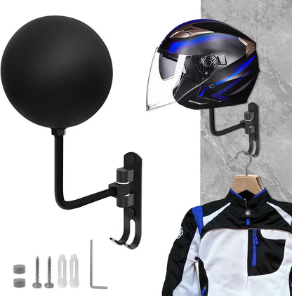 Motorcycle Helmet Wall Mount Rack with 180° Rotation and Dual Hooks for Coats, Caps, and Accessories