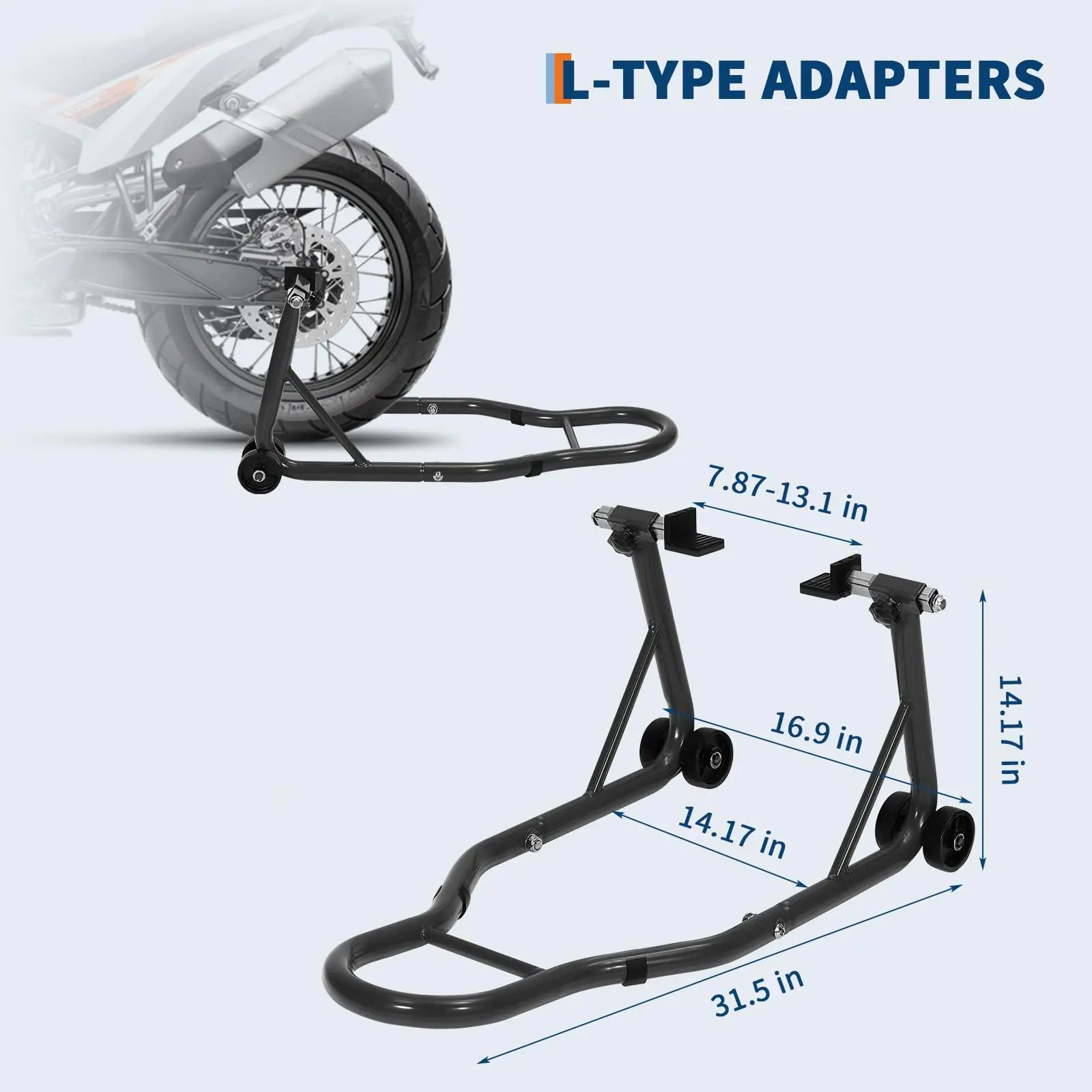 Professional Motorcycle Lift Stand Set for Front and Rear Wheels with Adjustable U and L Swingarm Spool - 900 lb Capacity - Black