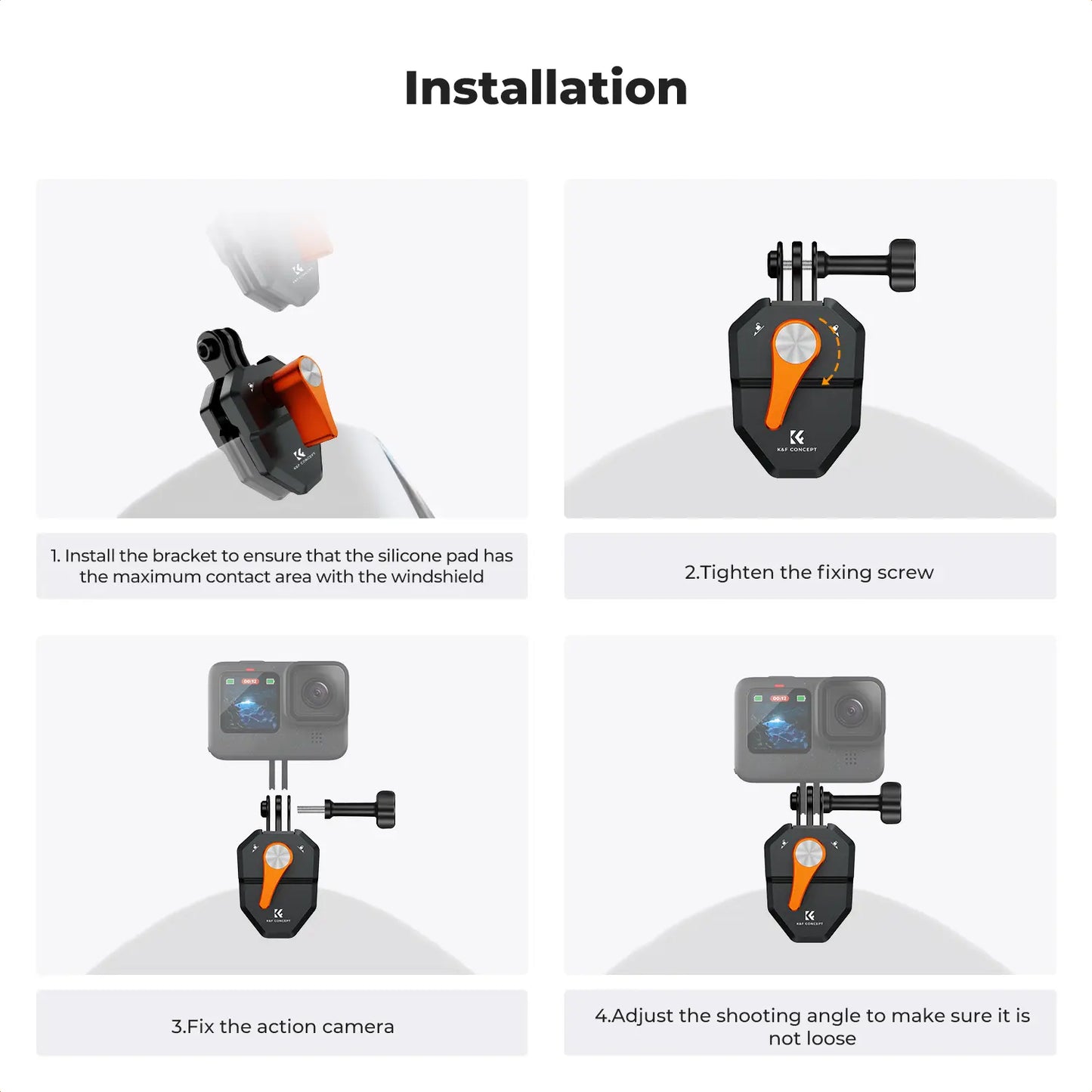 K&F Concept Motorcycle Windshield Clip Mount for GoPro Hero Series and DJI Osmo Action, Aluminum Alloy Camera Clamp with 1/4" Adapter, Action Camera Accessories