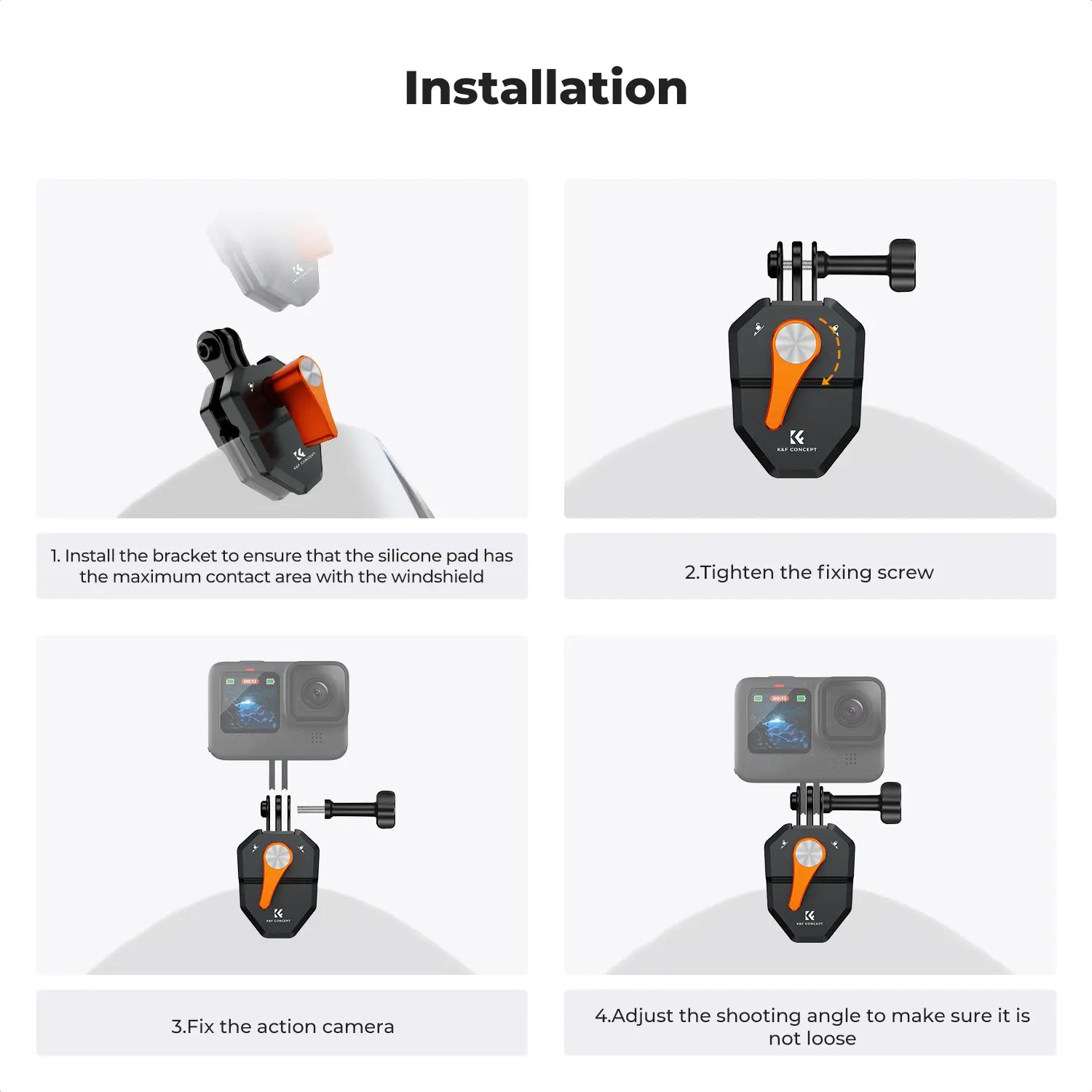 K&F Concept Motorcycle Windshield Clip Mount for GoPro Hero Series and DJI Osmo Action, Aluminum Alloy Camera Clamp with 1/4" Adapter, Action Camera Accessories