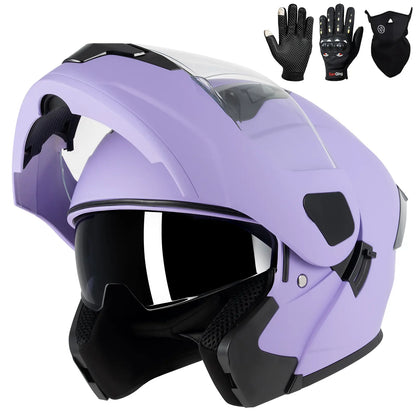Adult Modular Motorcycle Helmets, DOT Approved Flip up Dual Visor Full Face Helmet for Men Women Moto ATV UTV Snowmobile ADV Four Wheeler Street Bike with Gloves & Mask