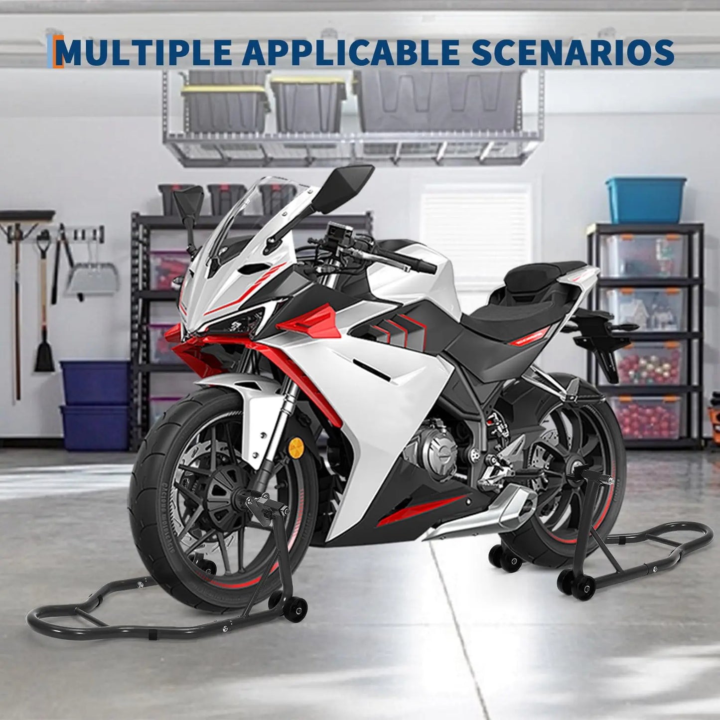 Professional Motorcycle Lift Stand Set for Front and Rear Wheels with Adjustable U and L Swingarm Spool - 900 lb Capacity - Black