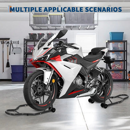 Professional Motorcycle Lift Stand Set for Front and Rear Wheels with Adjustable U and L Swingarm Spool - 900 lb Capacity - Black