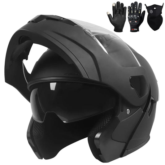 Adult Modular Motorcycle Helmets, DOT Approved Flip up Dual Visor Full Face Helmet for Men Women Moto ATV UTV Snowmobile ADV Four Wheeler Street Bike with Gloves & Mask