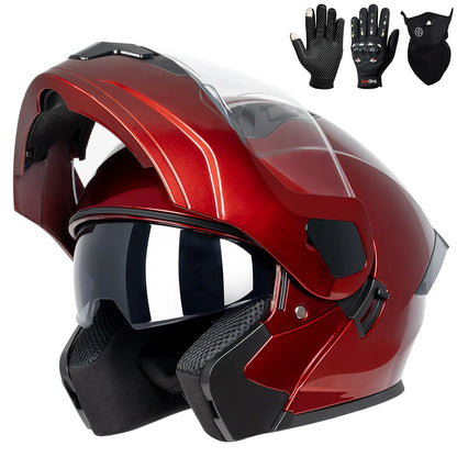 Adult Modular Motorcycle Helmets, DOT Approved Flip up Dual Visor Full Face Helmet for Men Women Moto ATV UTV Snowmobile ADV Four Wheeler Street Bike with Gloves & Mask